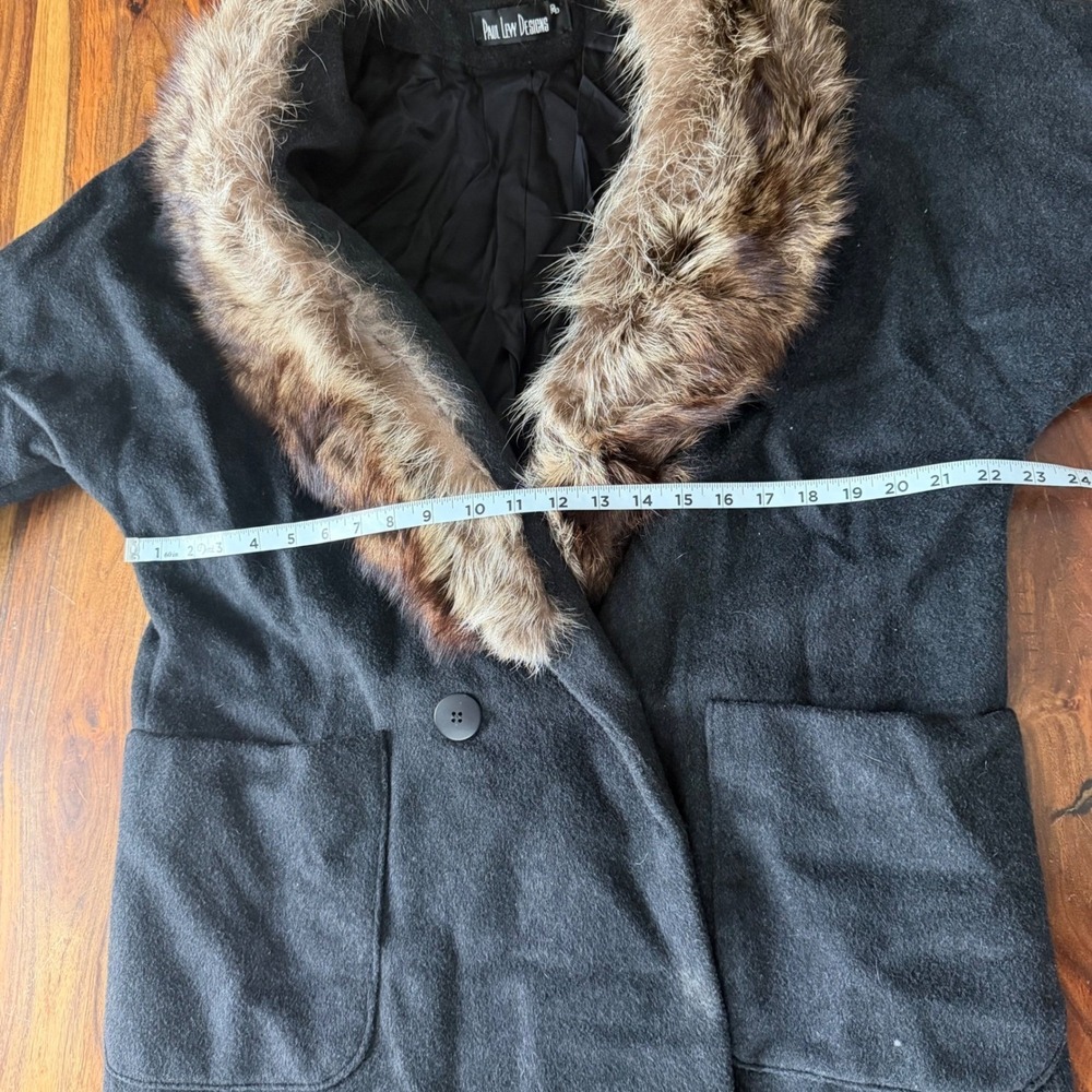 Paul Lew Designs Womens Charcoal Grey Long Wool Coat Real Fur Collar Double - Picture 5 of 11